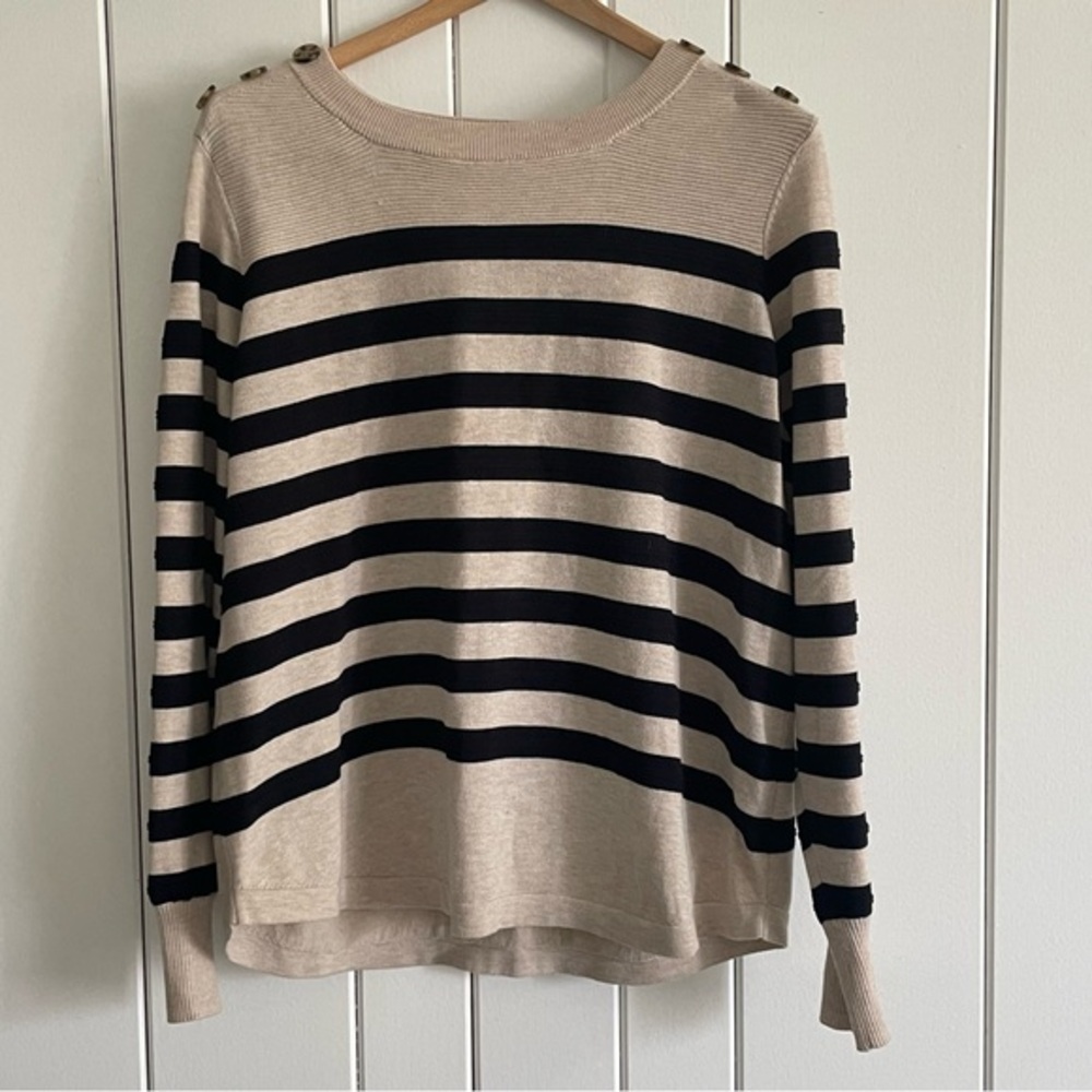 $10 SALE Neutral Striped Lightweight Sweater Knit Top Shoulder Button Accents